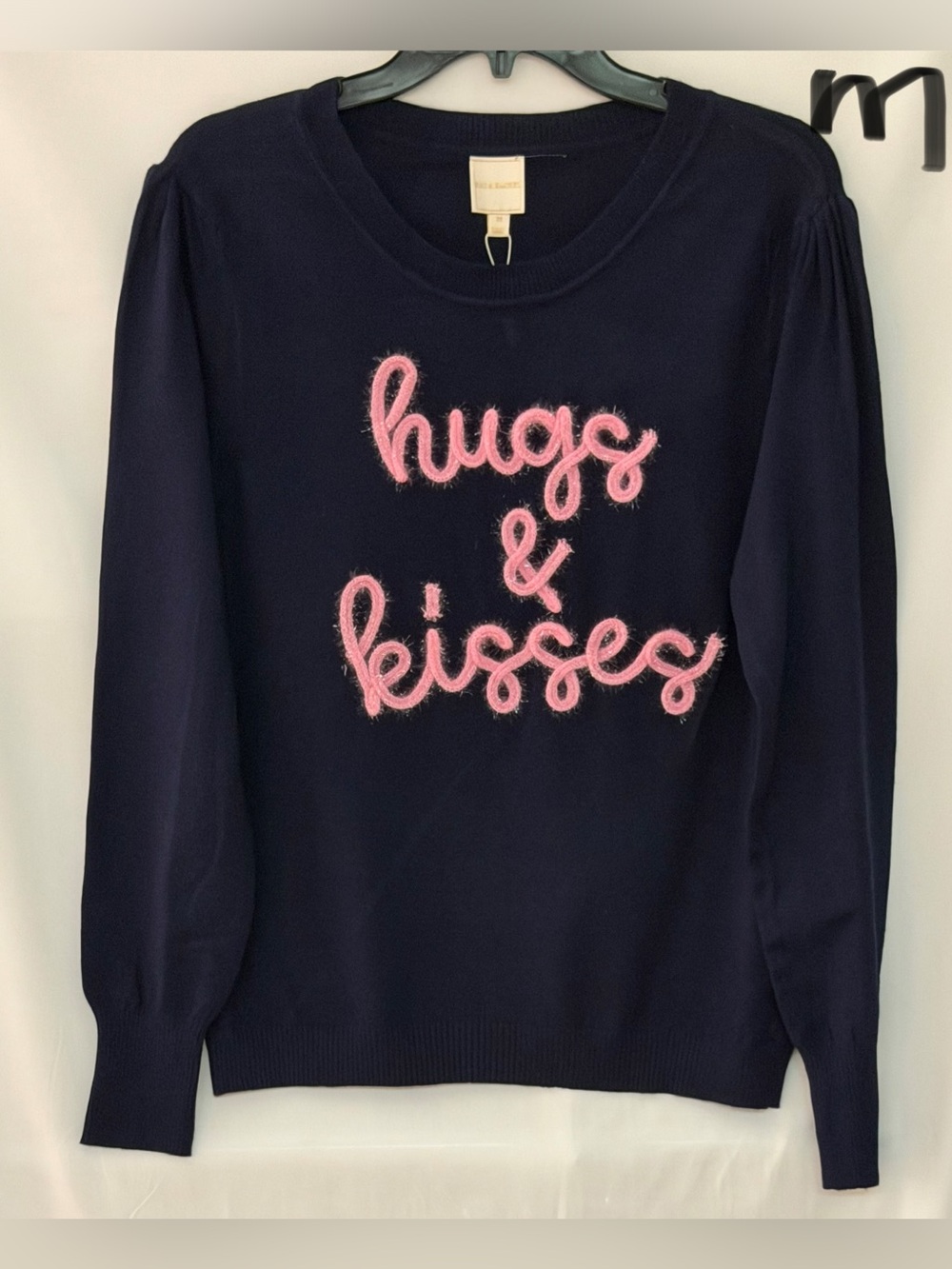 Zac & Rachel navy crewneck sweater with pink fuzzy script